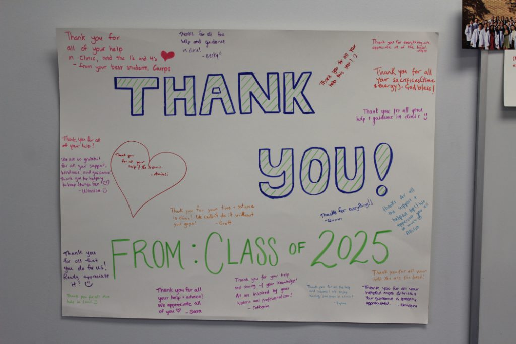Main text reads: "Thank you! From: Class of 2025." Drawings of two hearts. The students signed names and included messages.