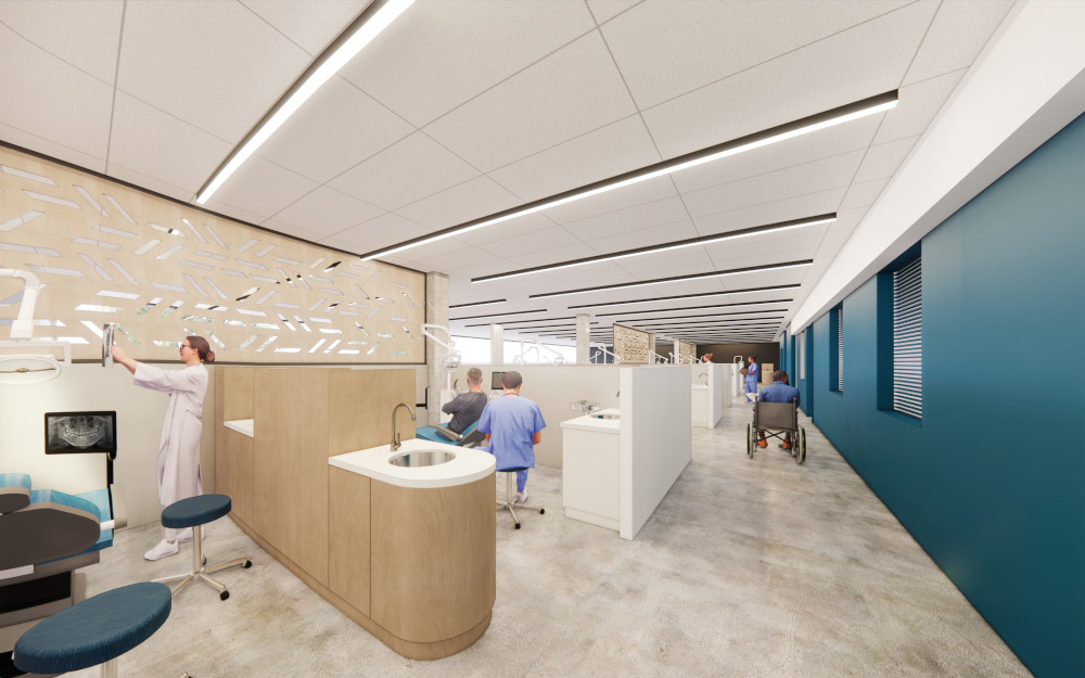 Illustration of a new dental clinic. Features a student looking at an X-ray. Another student is treating a patient and another patient is in a wheelchair. 