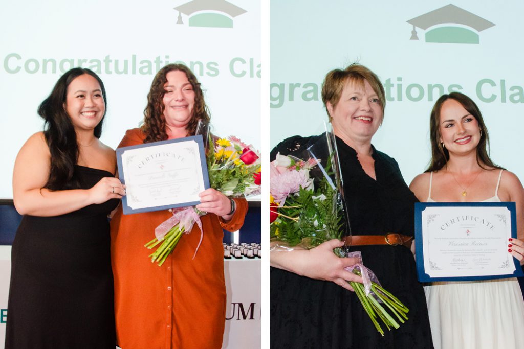 Two images showing Danielle Yaffe and Veronica Reimer accepting their NSA Teaching Excellence awards from Kareena Ricafort and Brooke-Lyn Wahoski at the College of Nursing pinning ceremony.