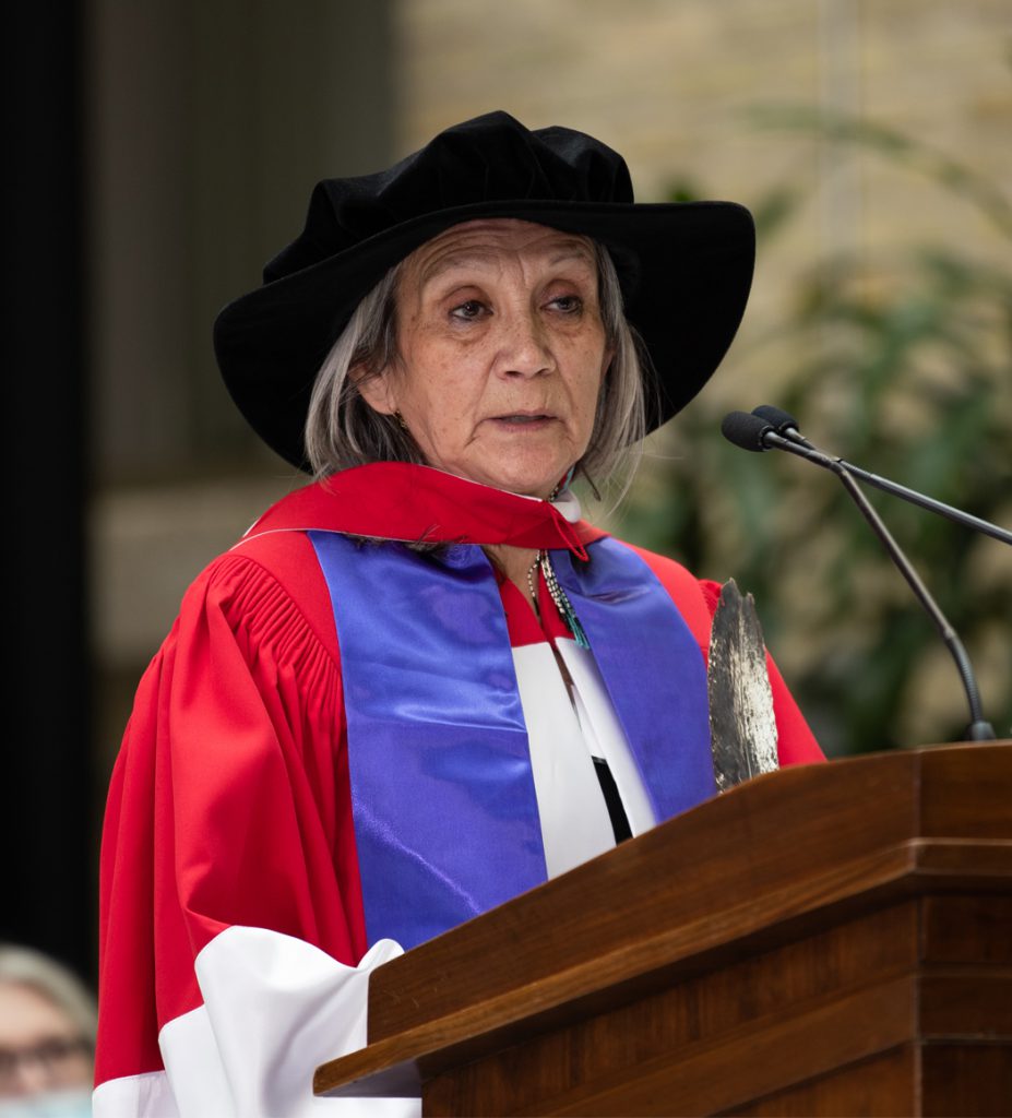 Mary Jane McCallum speaks at convocation.