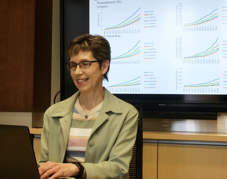 Dr. Lisa Lix types on her laptop computer. Displayed on a screen behind her are six graphs.