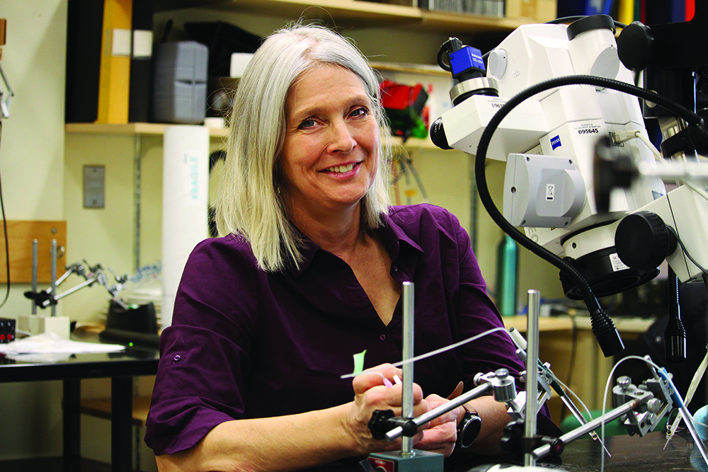 Kristine Cowley smiles while working in her lab.