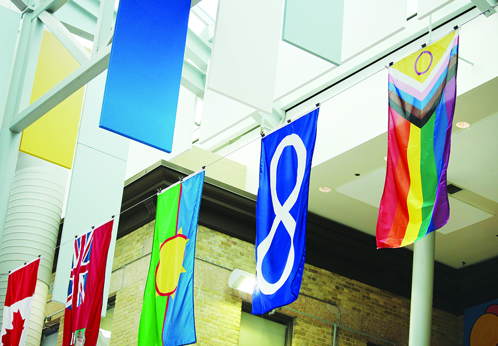 Flags hanging in the Brodie Atrium at Bannatyne campus.