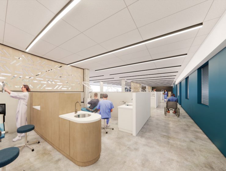 Architectural illustration of the new dental clinic space. Shows student in white coat looking at an X-ray, a student with a patient, and a patient in a wheelchair.