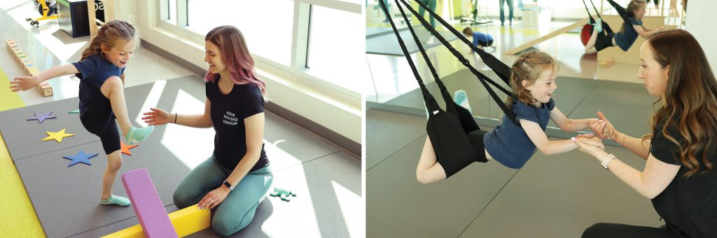 Two images of physiotherapists working with a child. In the left poto, the child is raising her leg, about to stomp on a colourful object. In the right photo, the child is on a swing, holding hands with the physiotherapist.