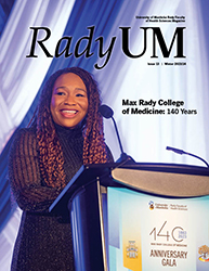 Magazine cover featuring Tito Daodu at podium while emceeing the Max Rady College of Medicine's 140th anniversary gala.