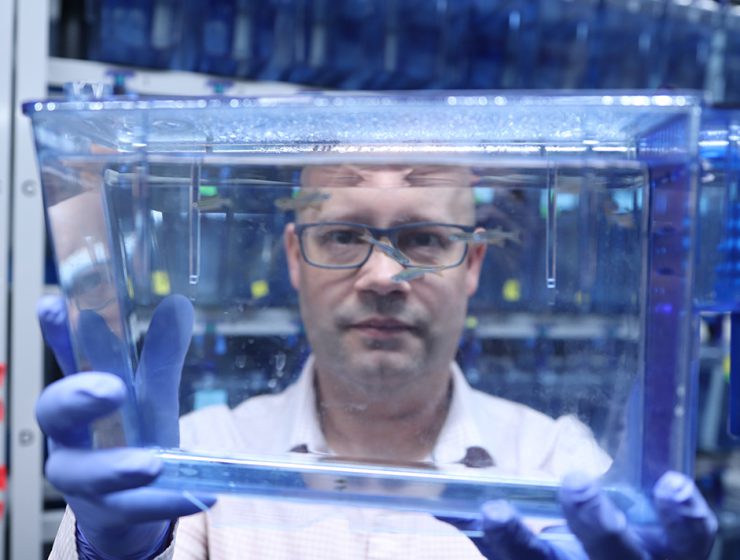 Dr. Benjain Lindsey looks through a fishtank.