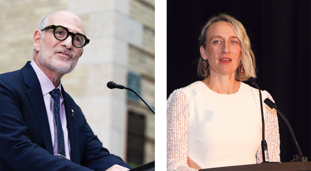 Two separate images of Harvey Max Chochinov and Joss Reimer speaking at a podium.