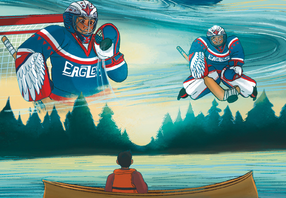 Illustration showing a child sitting in a canoe. In the sky they can see themself as a hockey goalie.