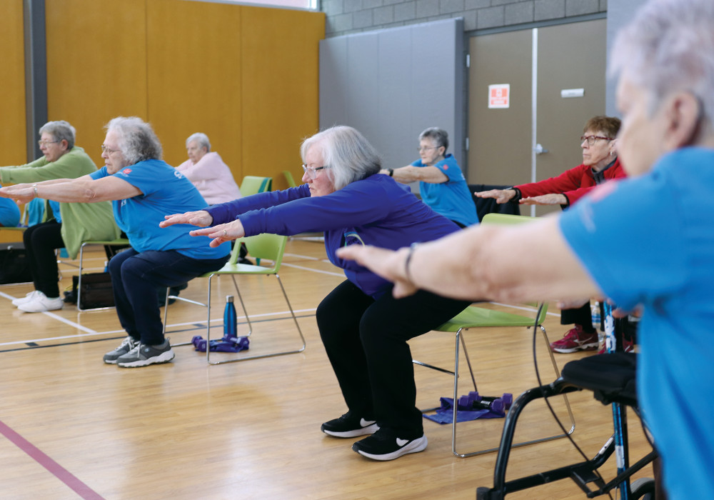 Seven older adults do chair squats with their arms out in front of them. 