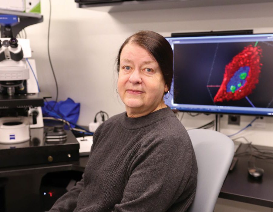 Dr. Sabine Mai sits in the imagine facility. A microscope and a computer screen with a graphic on it is behind her.